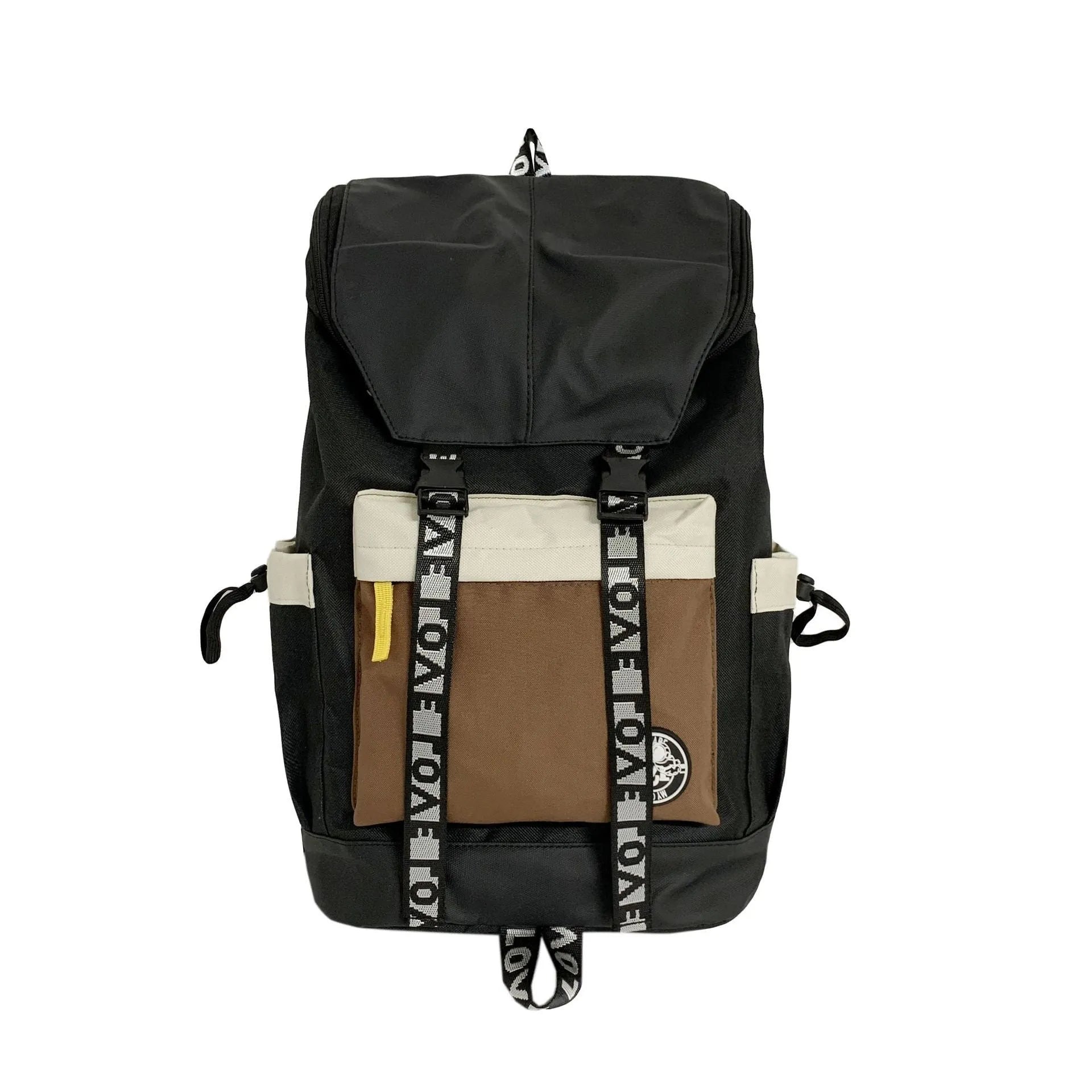 Oxford cloth backpack in black, green, or red with multiple carry handles and straps.