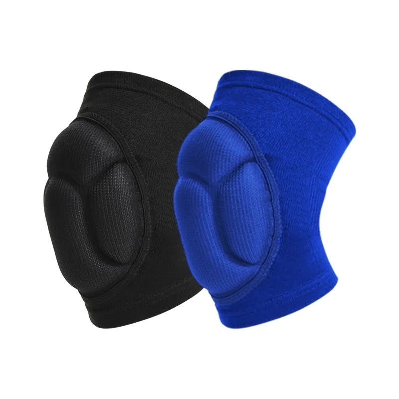A pair of black thick sponge kneepads made from polyester fabric, shown on a knee.
