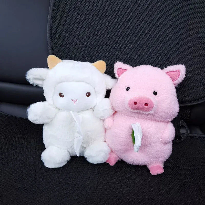 Plush fabric cartoon car tissue box with lamb design for vehicle and household decoration