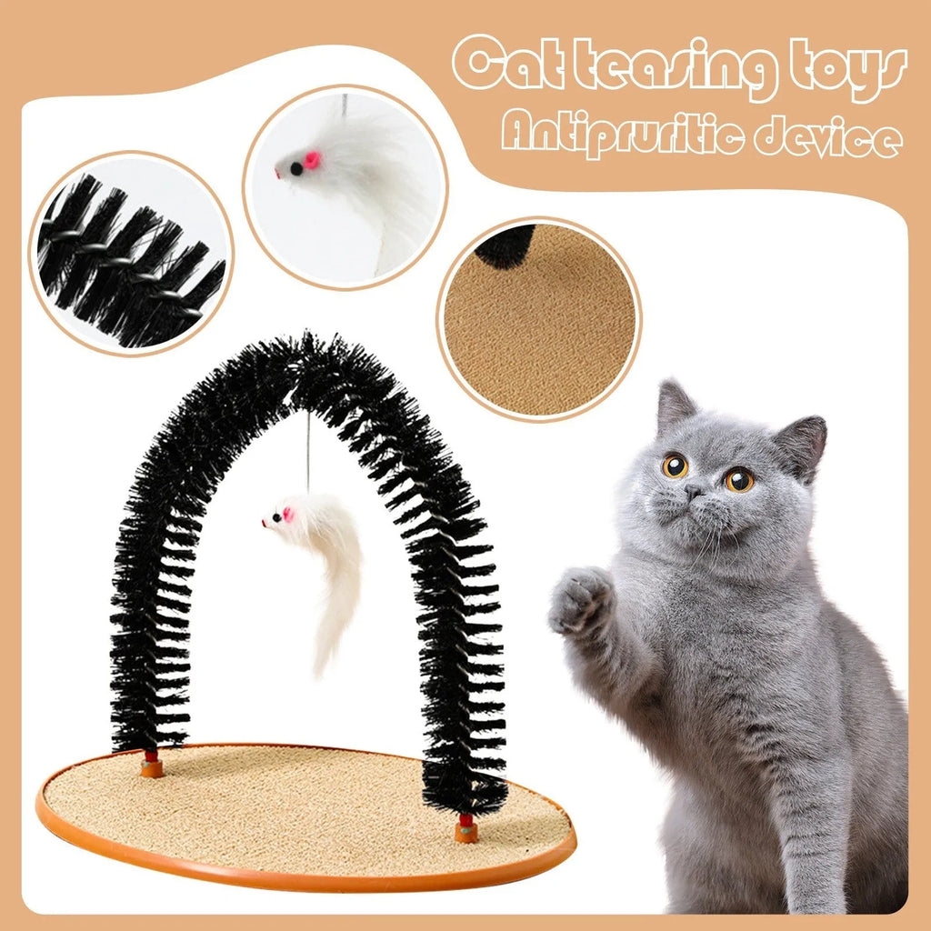 Black plastic arch-shaped cat grooming brush and scratching post with attached mouse toy