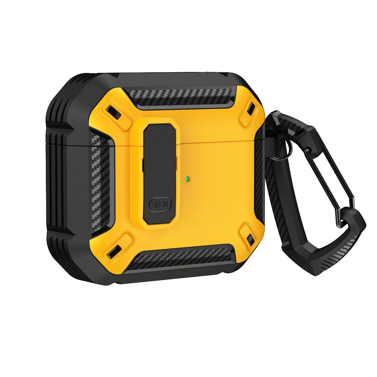 Clamshell plastic protective case for AirPods in two-colour Black and Yellow design with a metal hook attached.