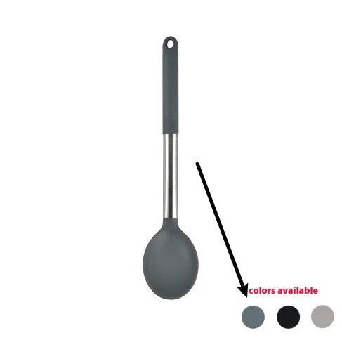 Black silicone kitchen utensil set with 12 tools in a rotating storage bucket on a kitchen countertop