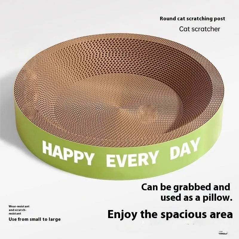 Green round cat nest with integrated scratching surface, shown in 50cm and 55cm sizes.