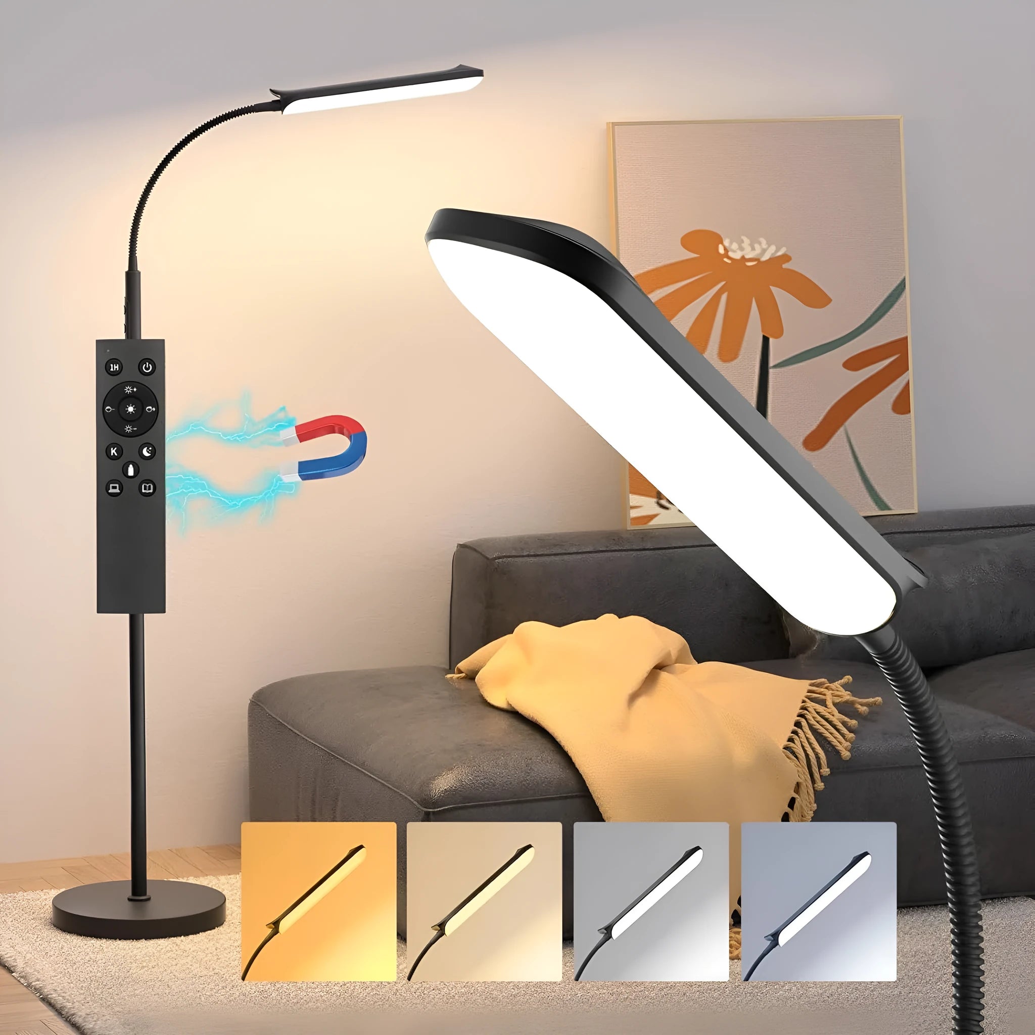 Simple modern LED floor lamp with remote control in white finish on wooden desk for reading
