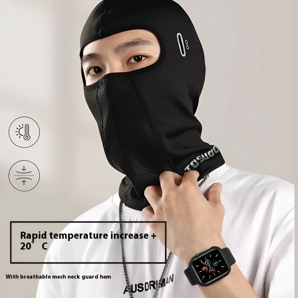 Black full face helmet riding wind mask with elastic wool and windproof fabric, shown flat