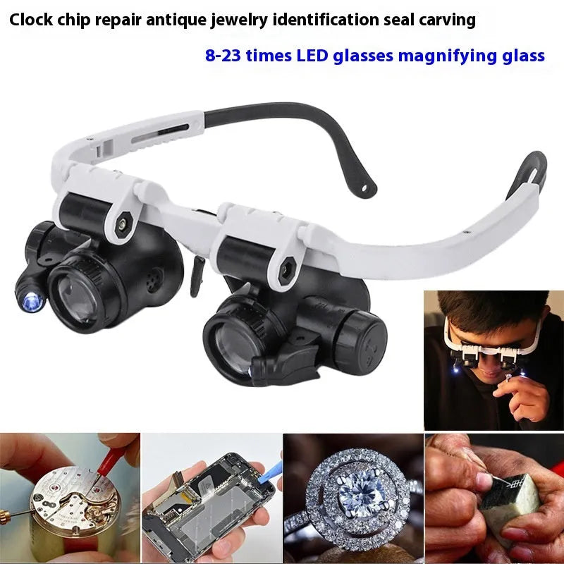 White head-mounted magnifying glass with LED light, shown folded and unfolded on a workbench.