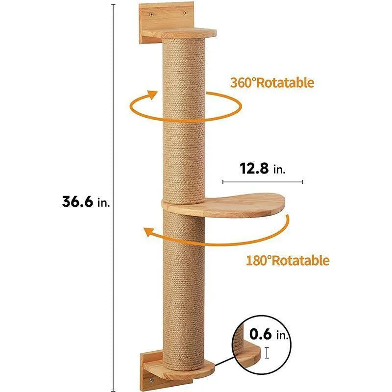 Wooden wall-mounted cat climbing frame with flax scratching post and jump platform in wood colour