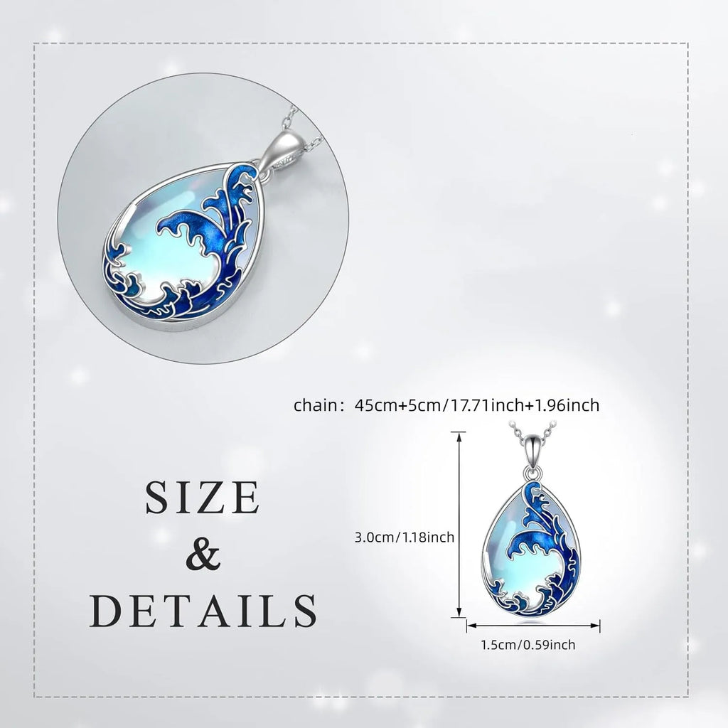Moonstone blue alloy heart pendant on a women's necklace chain.