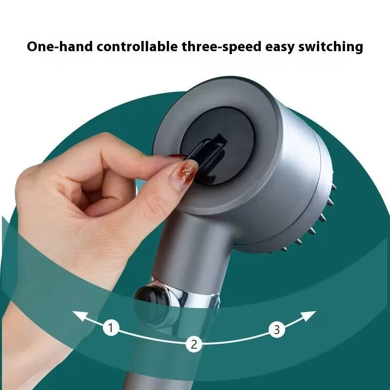 Portable ABS shower head with modern design showing three adjustment settings for different water flows