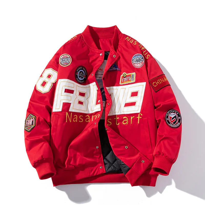 American motorcycle baseball uniform jacket with removable hood options in black red blue colours