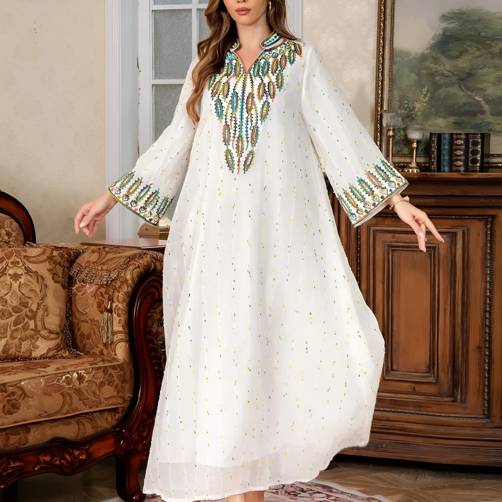 White long sleeve long skirt Dubai Arabic robe or kaftan for women.