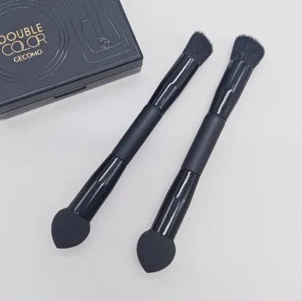 Double-headed miter sponge concealer brush with black artificial fibre bristles on wooden handle