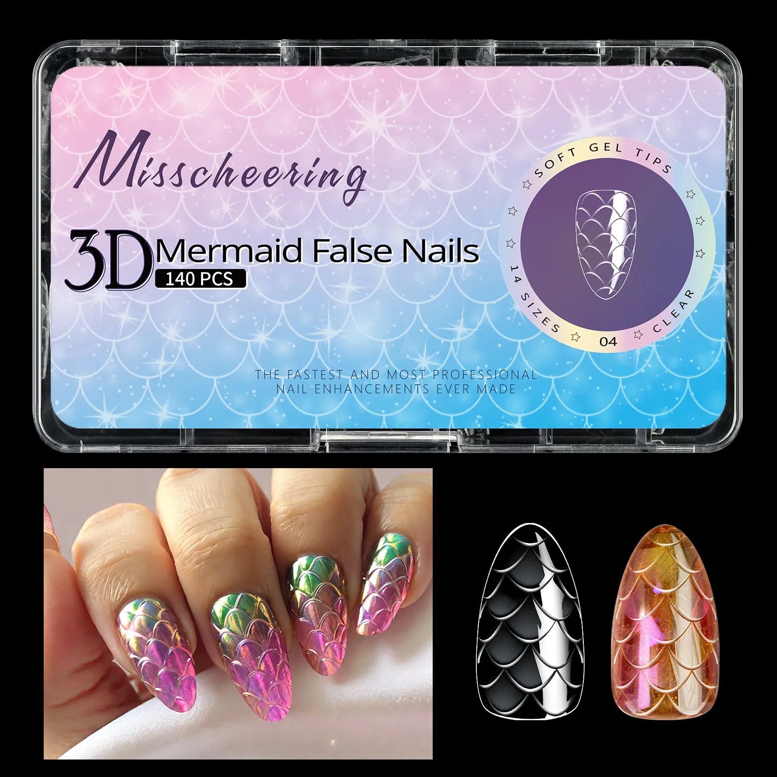 Box of 3D scale long shaping artificial nail tips in one of seven Frigate Box colour options.