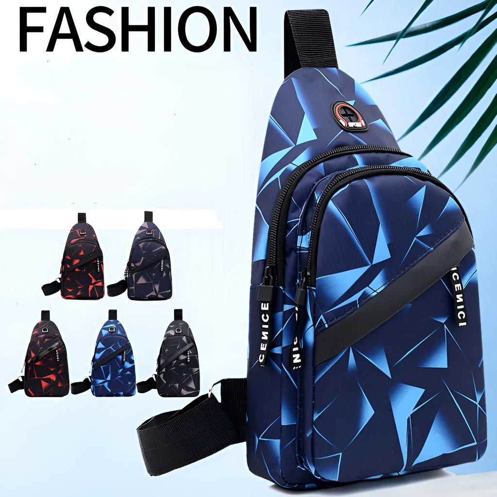 Blue Oxford cloth crossbody messenger bag with a strap, showing a front earphone hole and zipper closure.