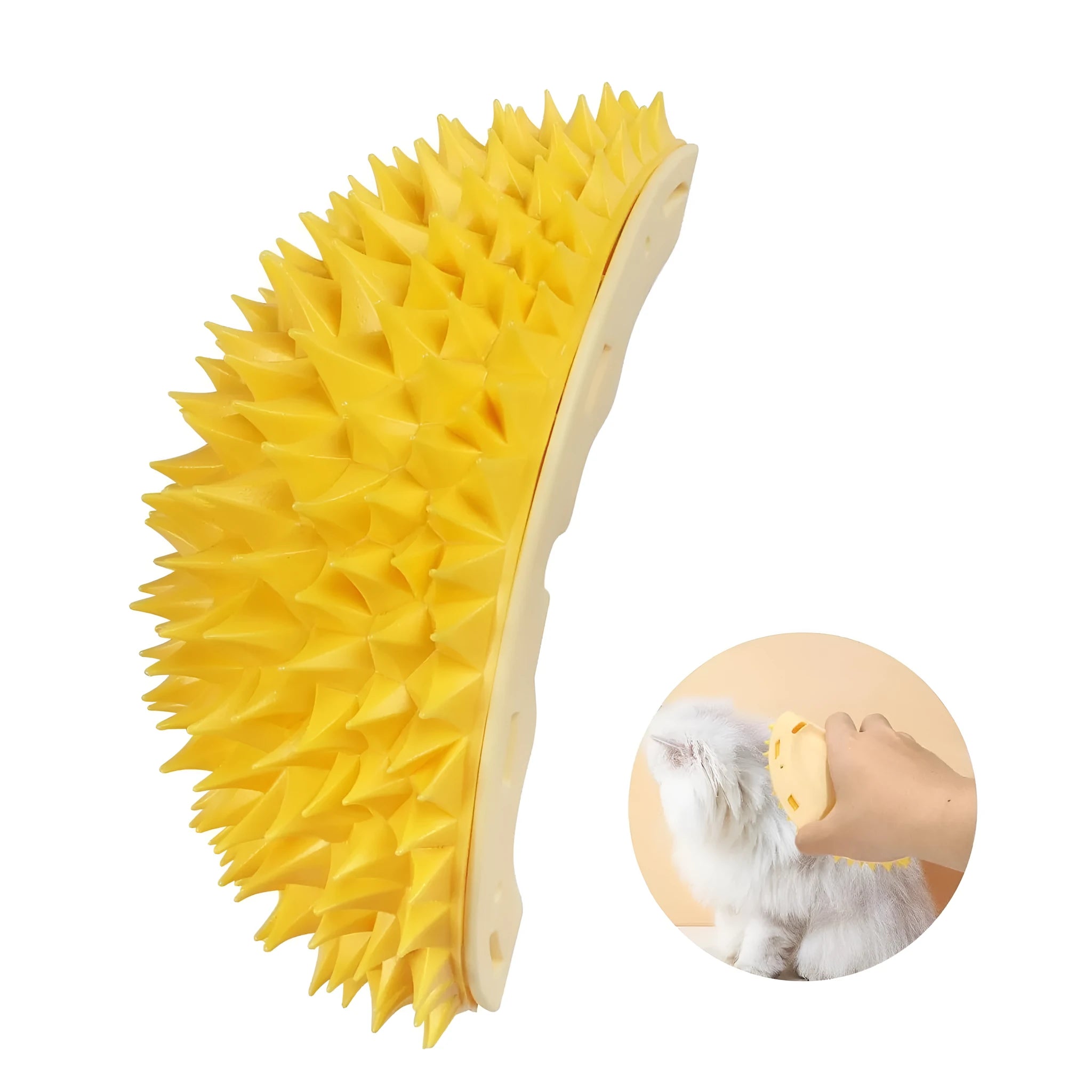 Yellow durian-shaped cat corner scratcher and grooming toy with catnip.