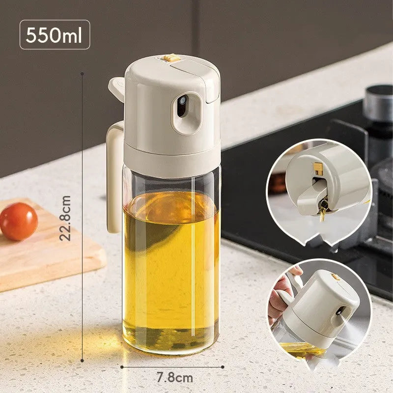 Warm grey glass oil sprayer bottle with switchable cover for spray and pour modes