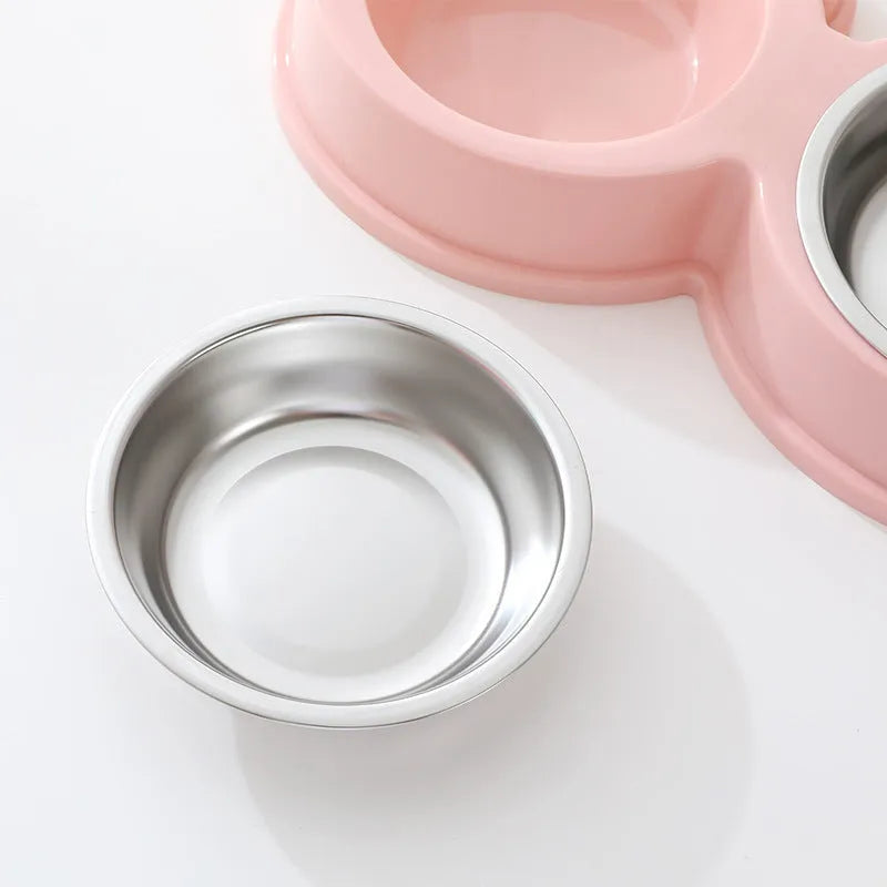 Stainless steel pet double bowl with frog design for separate food and water compartments