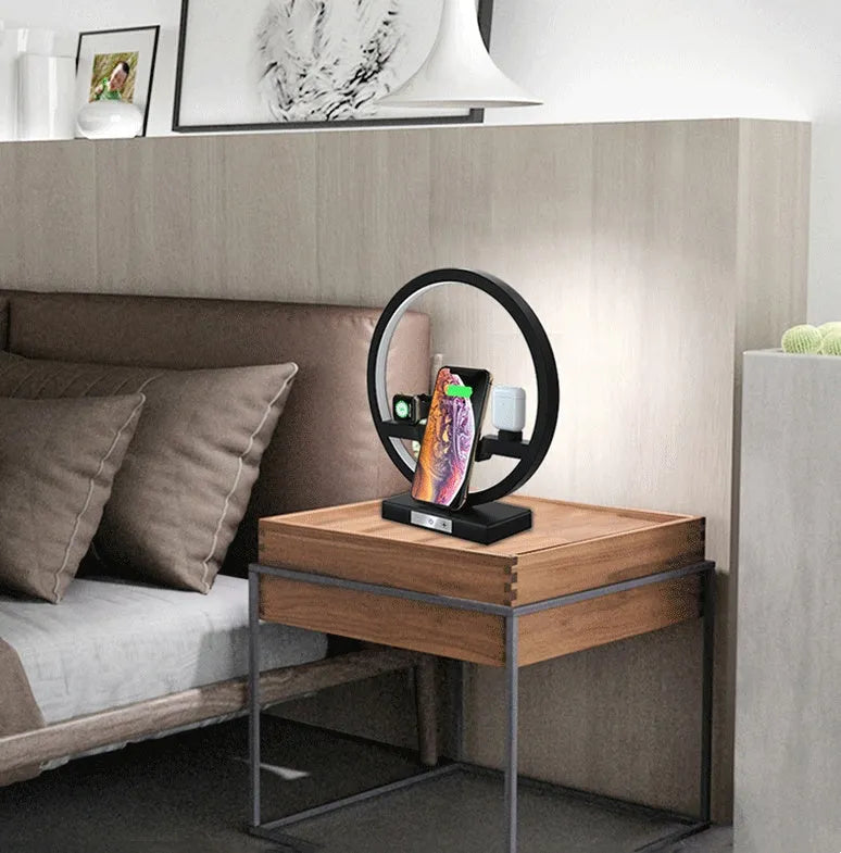 3 in 1 wireless charger bracket for mobile phone watch headset with ring light table lamp in black