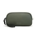 Large capacity digital accessories storage bag in black with sewing line detailing on a plain background