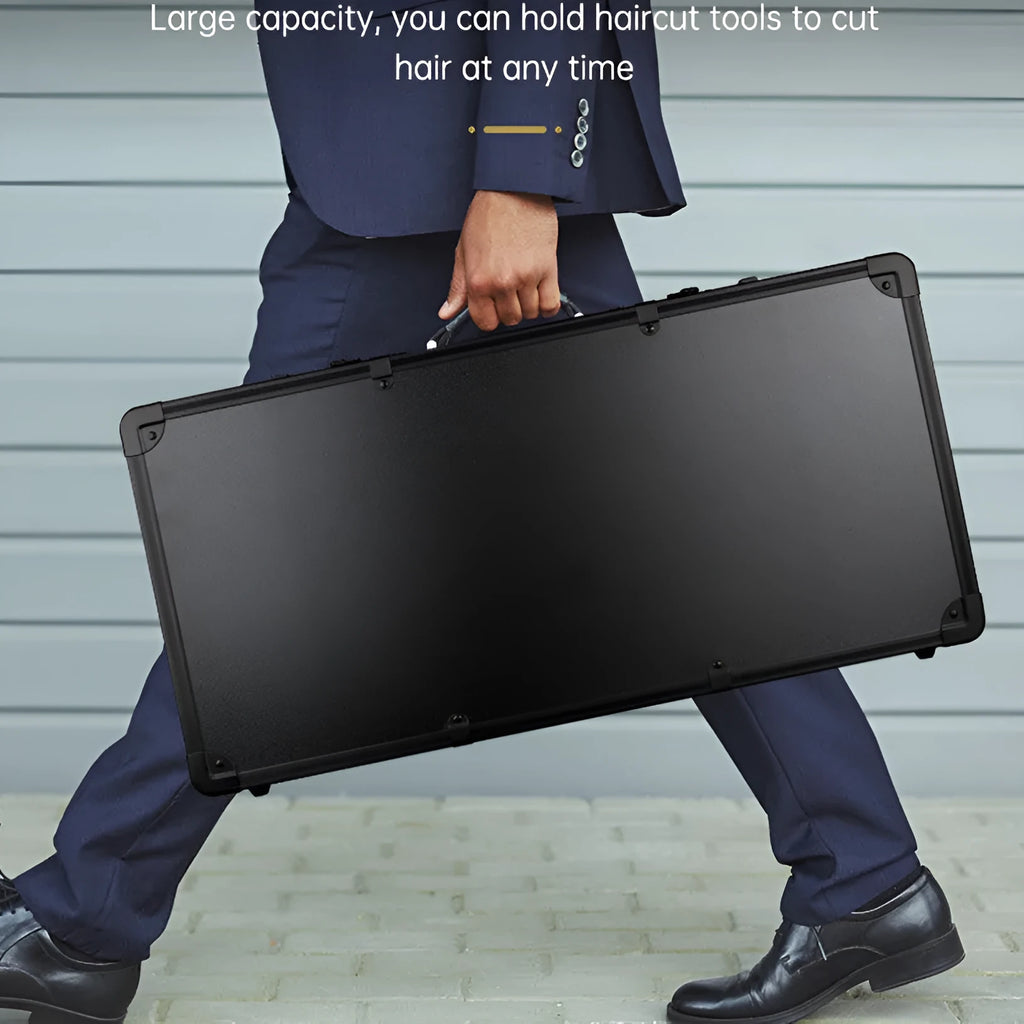 Black PVC suitcase with combination lock for storing hair styling tools, shown with dimensions 55cm by 27cm.