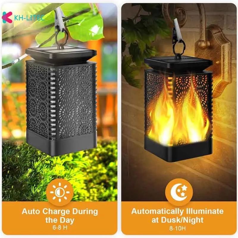 Set of four black solar-powered garden lanterns with flickering flame LED lights.
