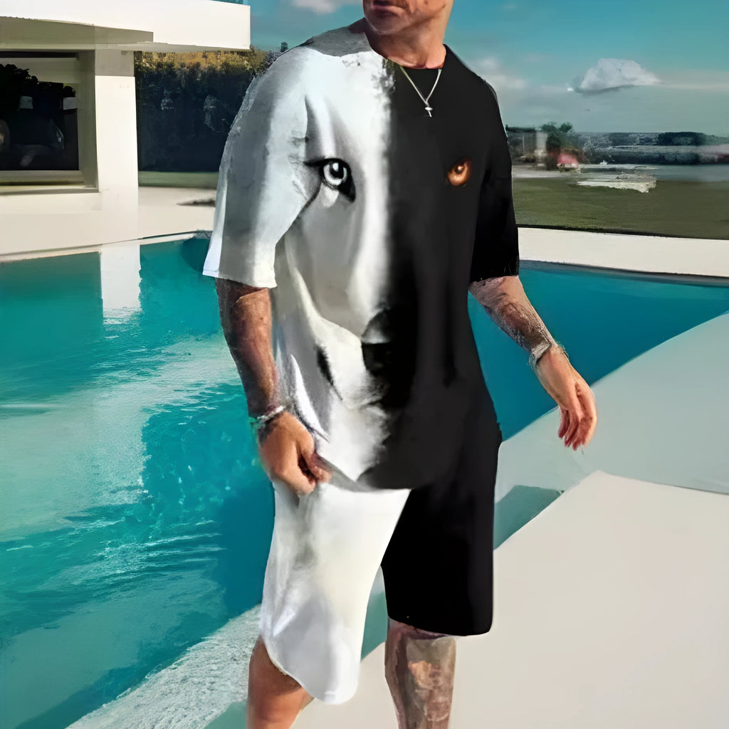 Men's short-sleeved two-piece sports and leisure suit in polyester blend fabric, showing top and shorts set