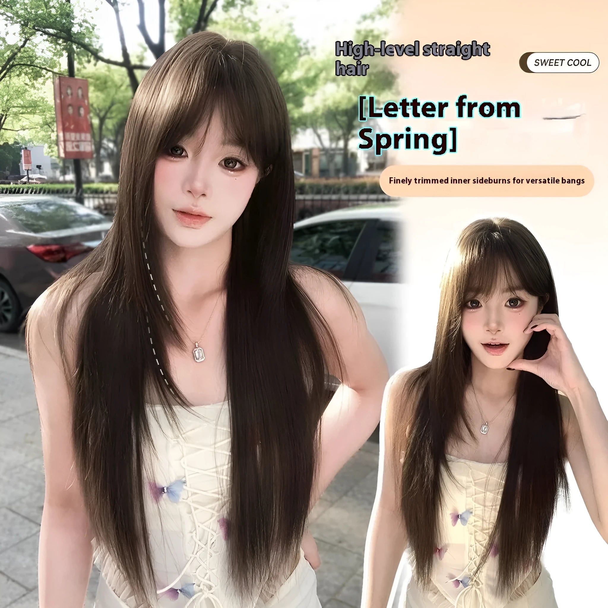 Brown-black synthetic wig with black tea colour treatment and head cover