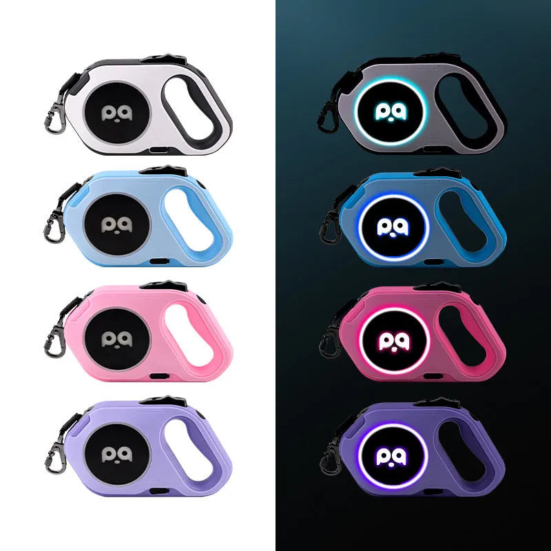 LED retractable dog leash 5m USB rechargeable in sky blue with ABS TPU PC silicone housing