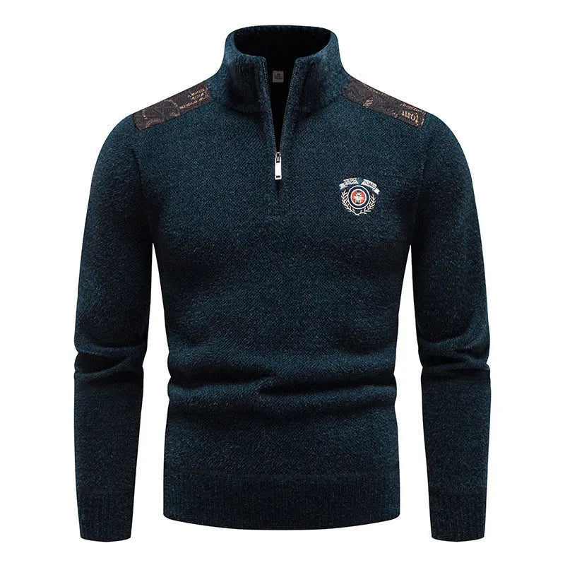 Men's velvet stand collar thickened pullover sweater in a straight cut, shown in beige colour.