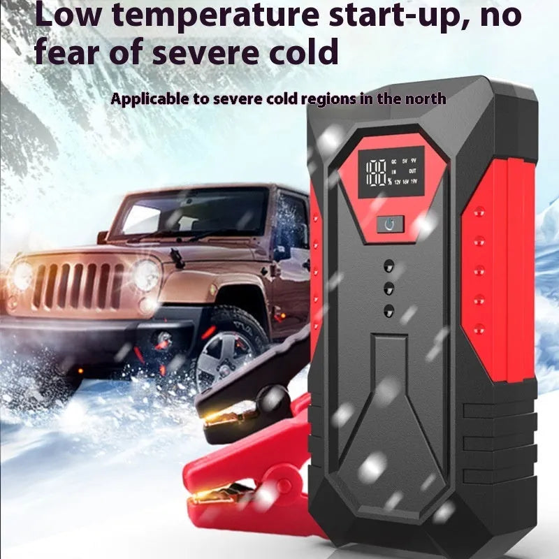 Red 12V car battery jump starter emergency power bank with battery clamps and cable