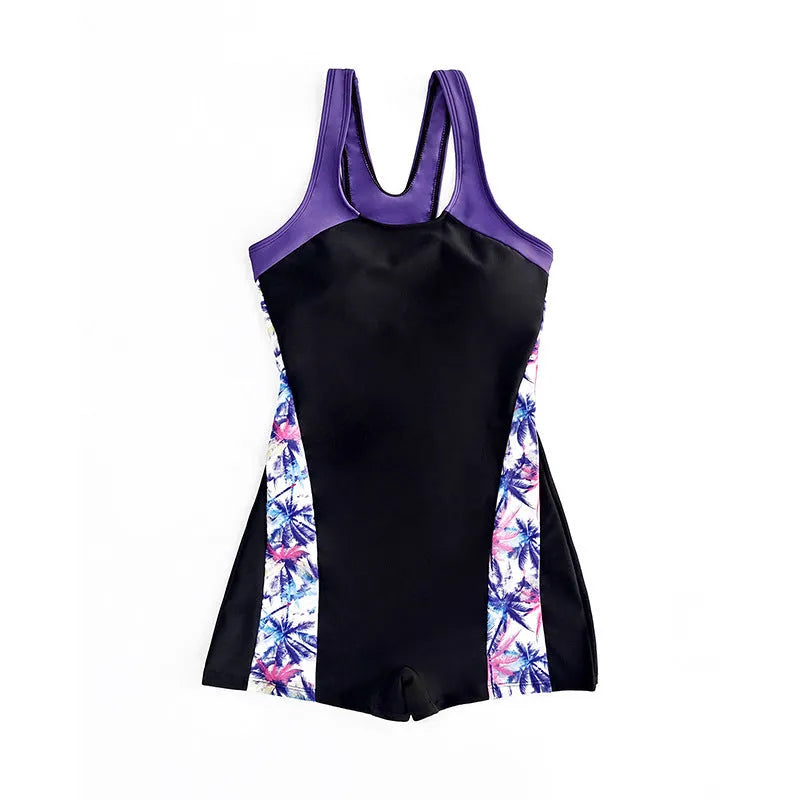 Women's stitched backless one-piece polyester swimsuit with floral print in blue