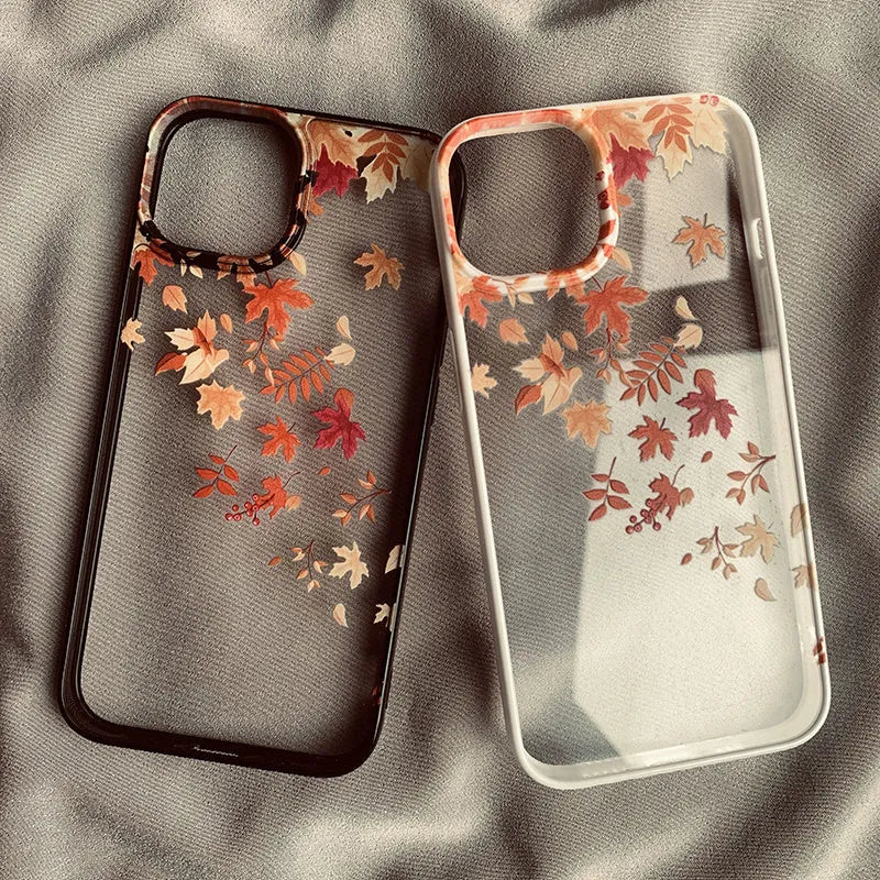 Drop-resistant acrylic phone case with autumn wind and fallen leaves print in Black Edge option