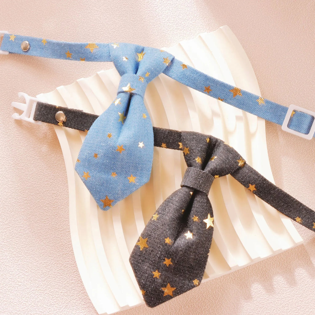 Designer dog collar with golden star decoration on adjustable strap, black colour, S size