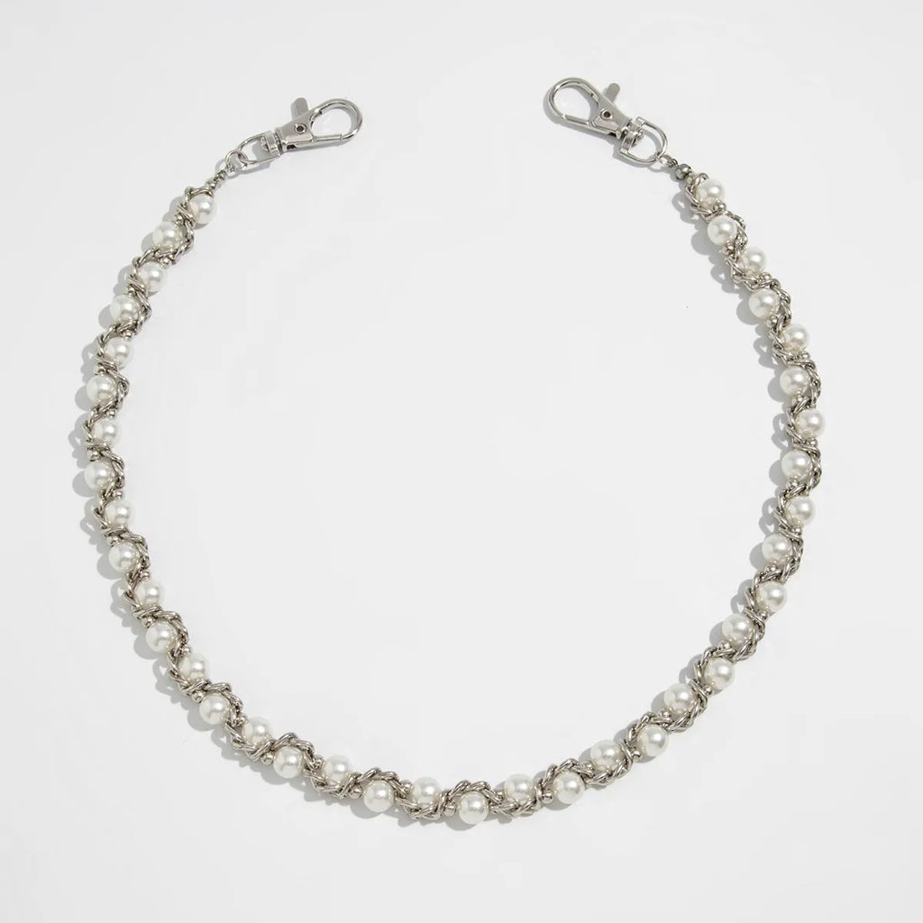 Men's imitation pearl waist chain in gold or white alloy with zipper detail and handmade hip hop style