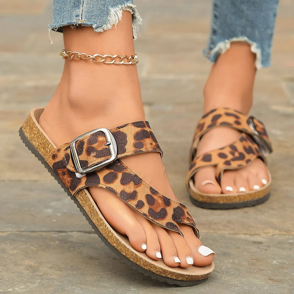 Leopard print Roman style slippers with toe covering and wooden sole
