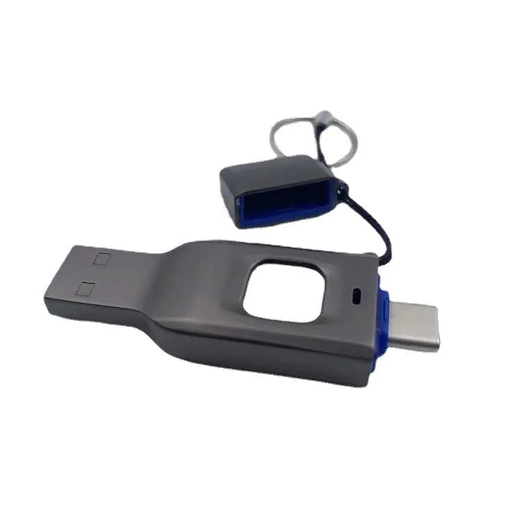 Black fingerprint USB flash drive showing USB 3.0 connector and Type-C port for computers and mobile devices