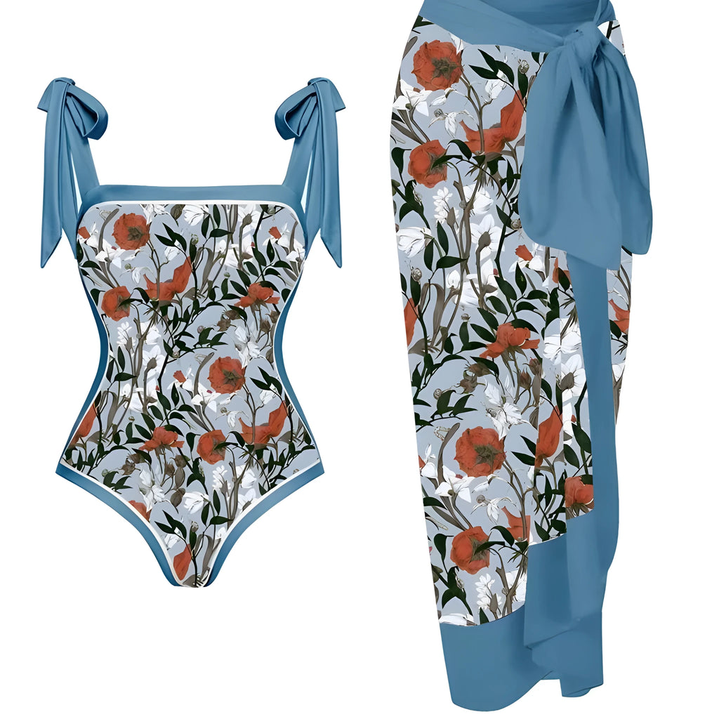 Women's printed chiffon two-piece swimsuit with attached skirt in floral pattern