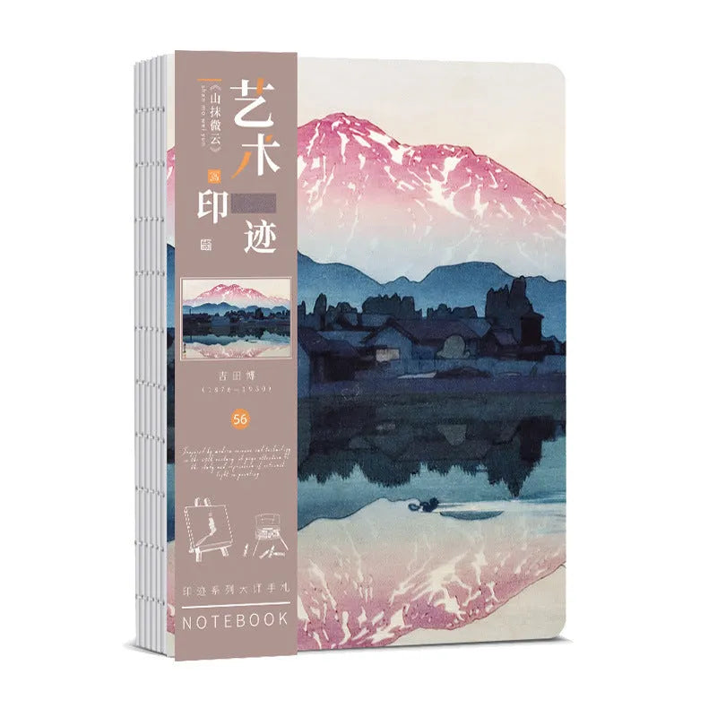Ukiyo-e Kanagawa wave art cover hand ledger notebook open on a table.