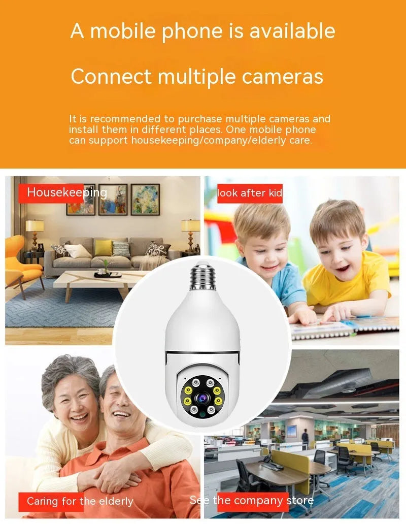 White wireless wifi bulb security camera with lens, showing 5cm diameter and 12cm height.