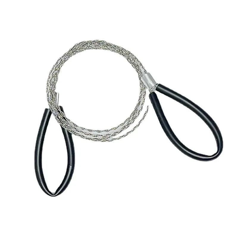 A black or red coiled stainless steel wire survival saw with a total length of 70cm.