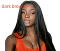 Long straight black synthetic wig with centre-parted fringe on a model