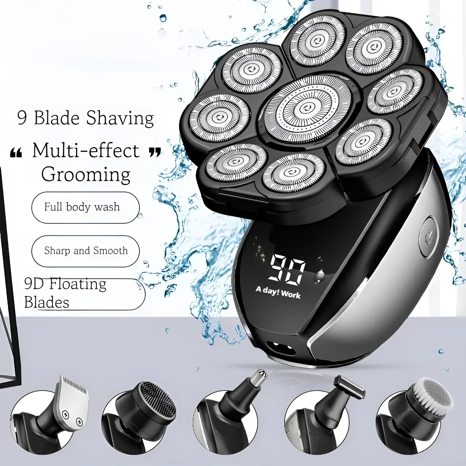 Black rechargeable 6-in-1 multifunctional hair clipper kit with attachments laid out.