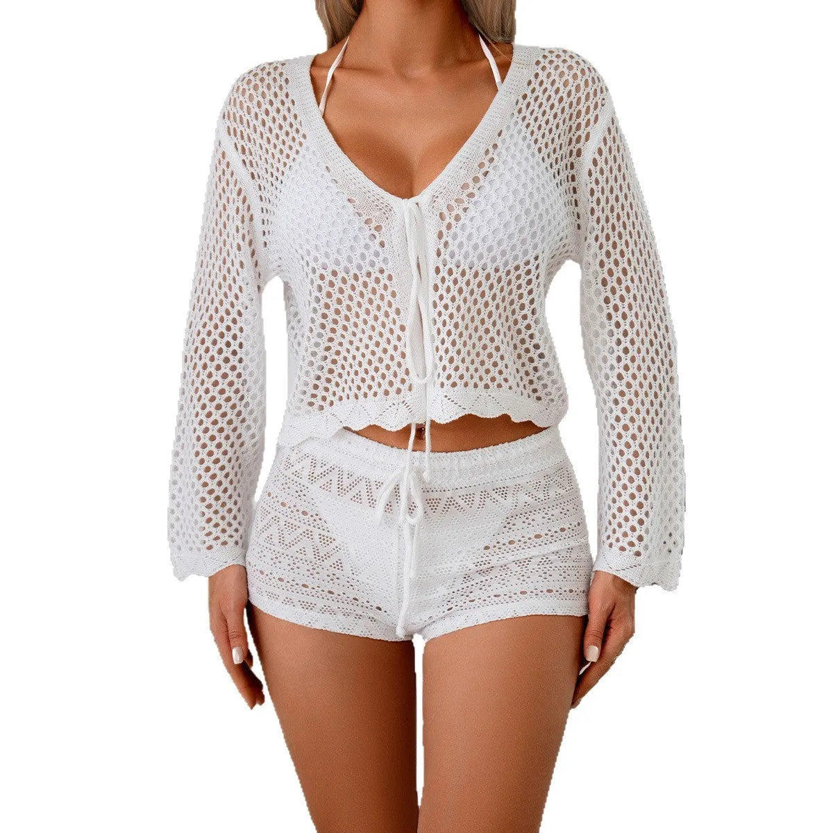 Cotton-like women's hollow woven cardigan blouse with bell sleeves in apricot colour.