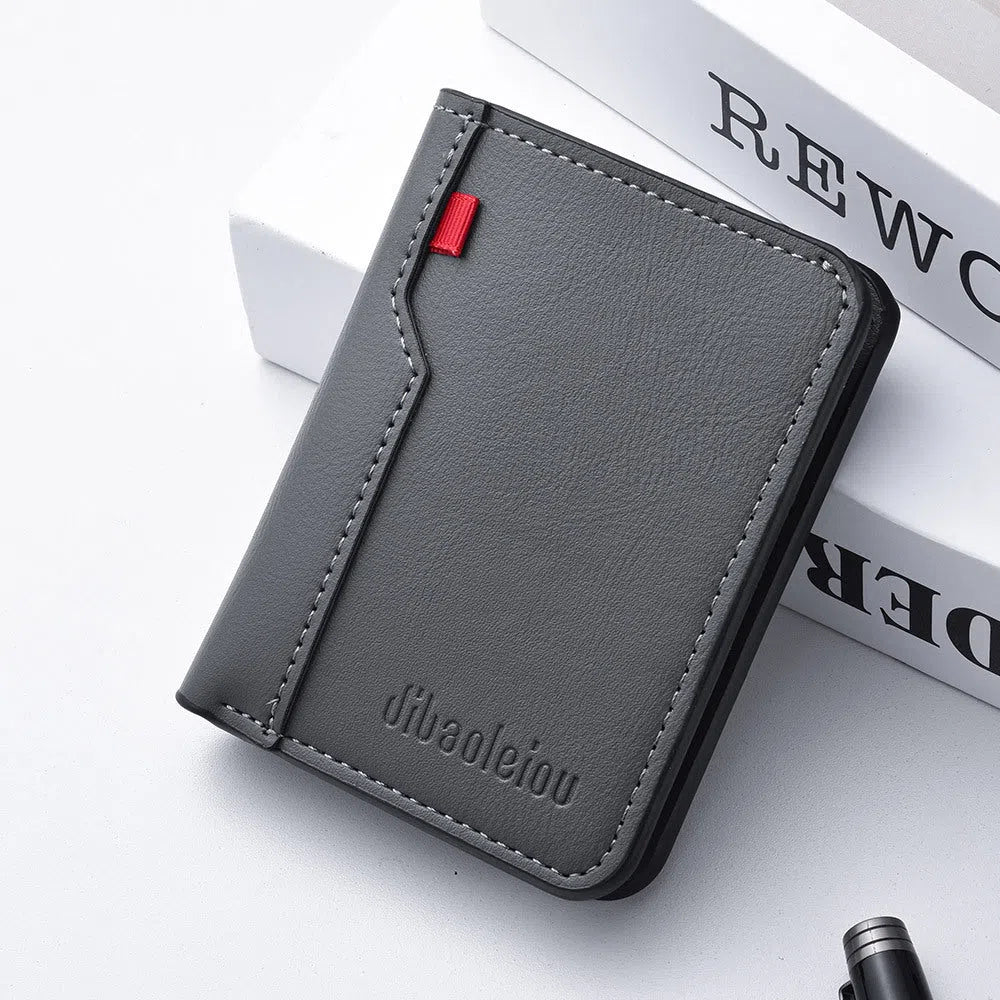 Vertical men's wallet in solid colour PU with visible stitching, ultra-lightweight design, available in black