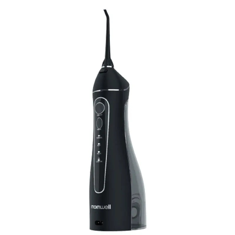 Black portable oral irrigator water flosser with water tank and nozzle for dental cleaning