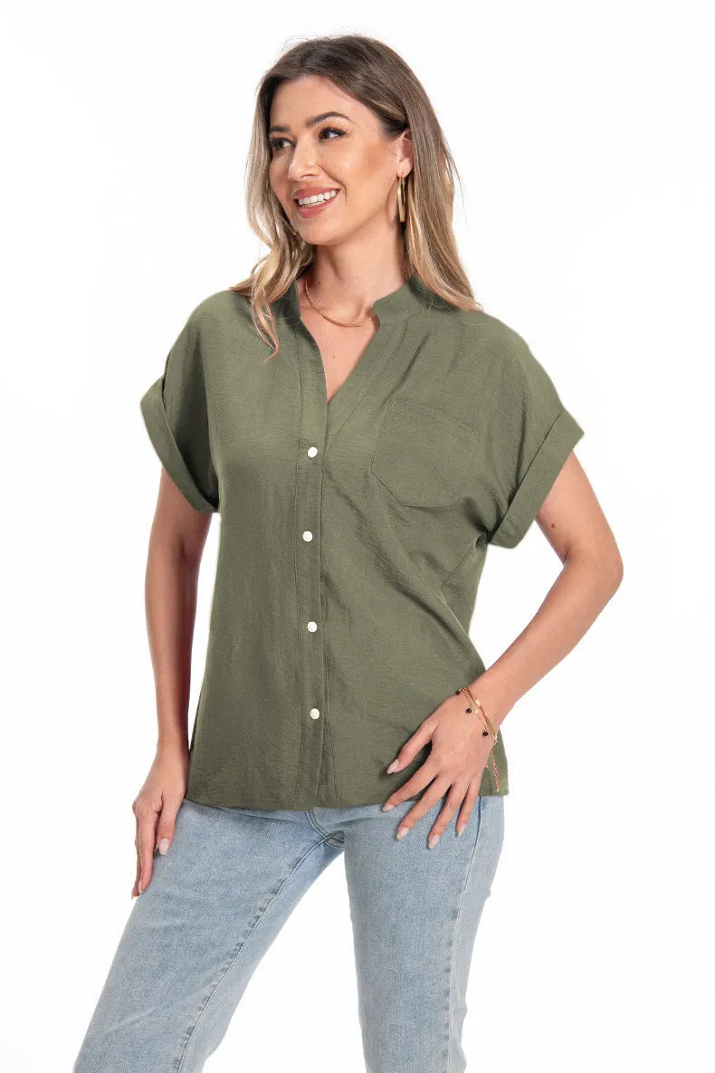 Women's stand collar summer top with button detail and raglan sleeves in loose fit design