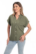 Women's stand collar summer top with button detail and raglan sleeves in loose fit design