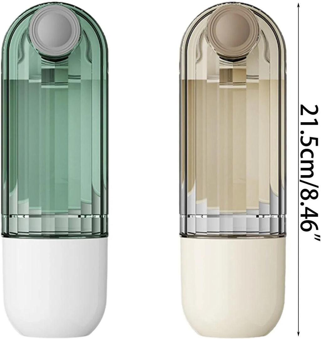Beige and green foldable dog water bottle with food dispenser for outdoor use.