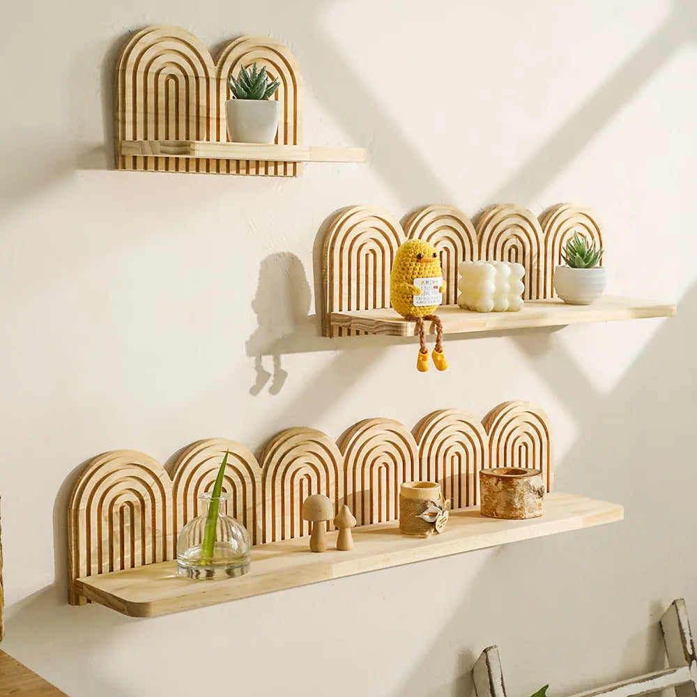 Natural wood wall rack with multiple tiers for displaying potted plants vertically