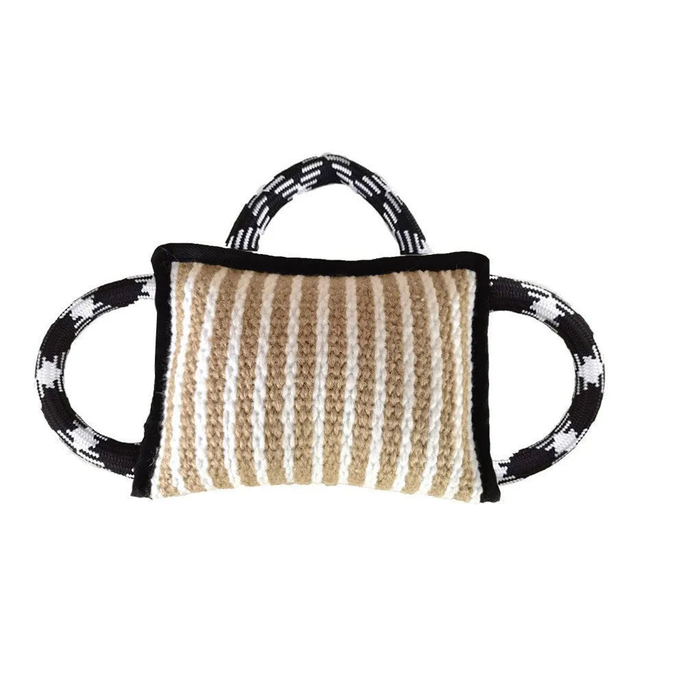 Dog rope tug toy with jute bite pillow and three handles in multiple colour options
